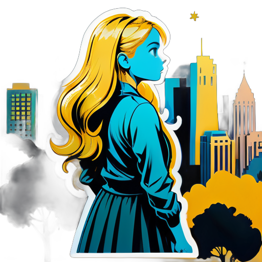 a girl with golden hair  on a tree looking at the city
 sticker