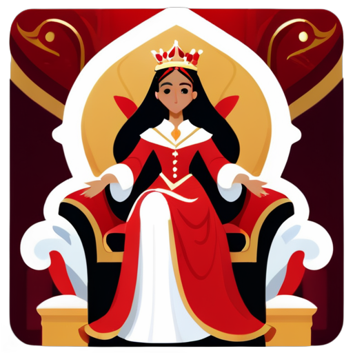 The central figure is a regal woman, seated on a throne, wearing a red robe and a crown. sticker