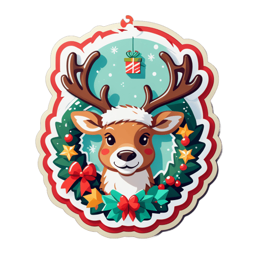 A reindeer with a holiday wreath in its left hand and a gift box in its right hand sticker