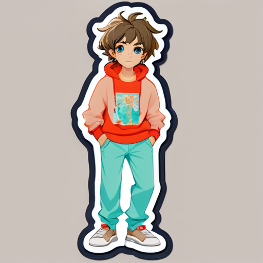 create a teenage male character with anime model Kabul hair, Coral Reef sweater, Kabul colored pants, and Taupe colored shoes sticker