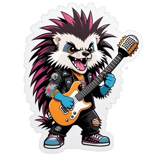 Un porc-épic avec une guitare punk rock dans sa main gauche et un microphone dans sa main droite sticker