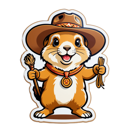 Ein Präriehund mit einem Cowboyhut in seiner linken Hand und einem Mini-Lasso in seiner rechten Hand sticker