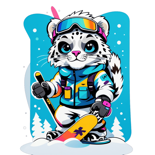 A snow leopard with ski goggles in its left hand and a snowboard in its right hand sticker