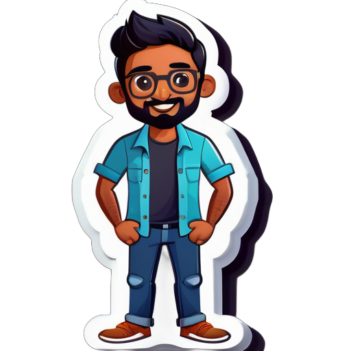 an indian guy with little beard and rectangular specs wearing shirt and jeans
 sticker