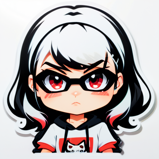 zulxe,anime style,chibi,illustrated logo,medium short shot,youtube emote of a girl wearing sunglasses,black hair,white sweatshirt,hip hop style short sleeve sweatshirt,waist length hair,angry with a vein on her forehead, sticker