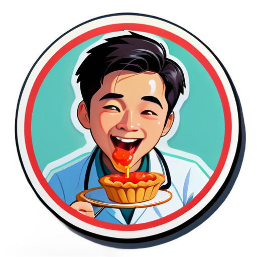 An Asian young doctor eats a Portuguese tarts sticker