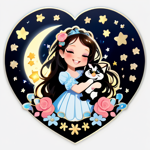 Smiling Sarah Brightman singing with her cat. Flowers and stars surround the heart. Exquisite details. sticker