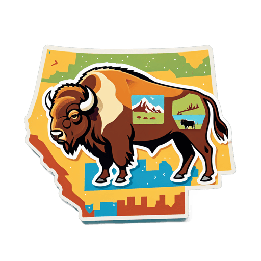 Un bison avec une selle de style Western dans sa main gauche et une carte de la prairie dans sa main droite sticker