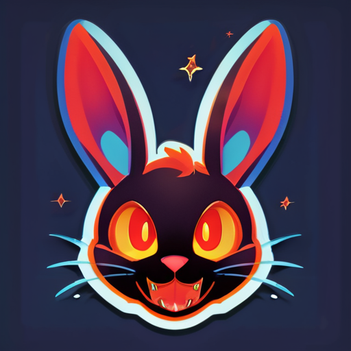 Ears: Long, pointed bunny ears with a devilish twist.
Face: The bunny's face, featuring a mischievous expression with a small, closed mouth, fiery eyes, and a dark sky blueish complexion with oval-shaped sides.
Expression: Playful yet subtly sinister grin.
Background: Flames and fiery effects.
Colors: Dark tones with intense reds and oranges, complemented by the dark sky blueish bunny face. sticker