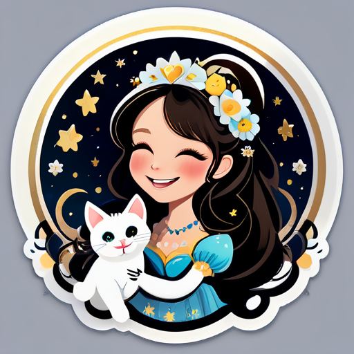 Smiling Sarah Brightman singing with her cat. Flowers and stars surround the heart. Exquisite details. sticker