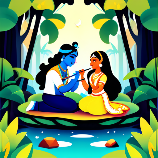 **Prompt: ** Crie uma obra de arte digital retratando o Senhor Krishna e Radha em um cenário de floresta serena com rochas em primeiro plano. A cena deve evocar uma sensação de tranquilidade e beleza natural, com a floresta servindo como pano de fundo. 1. **Personagens:** - O Senhor Krishna e Radha devem ser o foco central da obra de arte. - Krishna deve ser retratado com sua icônica flauta. sticker