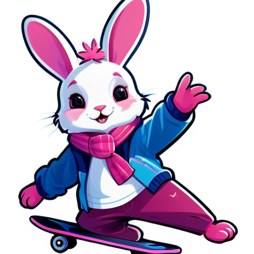 cartoon rabbit on a skateboard with a pink scarf and blue jacket, bunnypunk, rabbt_character, commission for high res, cute anthropomorphic bunny, telegram sticker design, electrixbunny, anthropomorphic rabbit, bunny, commission, commission art, mascot illustration, fursona commission, rabbit, telegram sticker, fullbody commission for, rabbit_bunny sticker