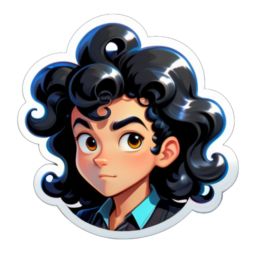 Hair: Shiny black wool curls, not very curly but slightly longer. Ethnicity: Asian, fair skin. Expression: Contemplating a tricky bug. Occupation: A skilled modern programmer. Gender: Male sticker