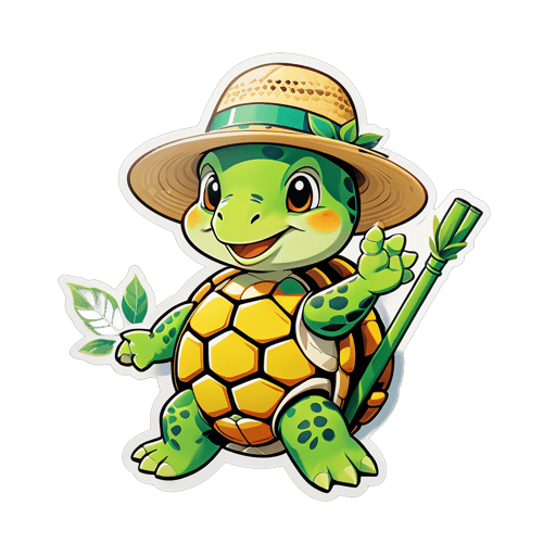 A turtle with a leaf in its left hand and a straw hat in its right hand sticker