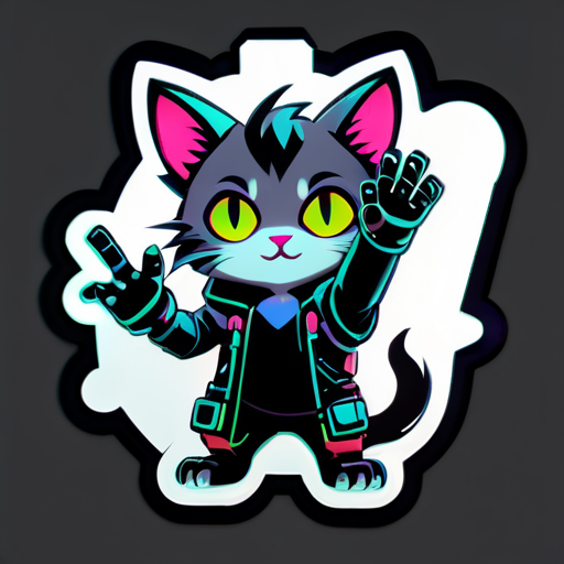 cyberpunk cat waving hand sticker