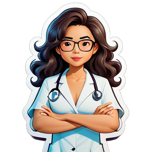 Asian female doctor with big wavy hair, no hat, wearing glasses, naked body, arms crossed in front of chest, cartoon character sticker