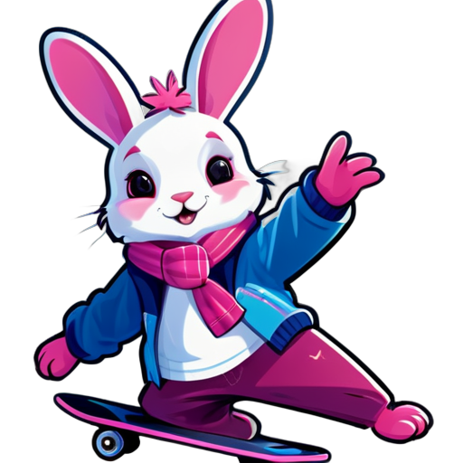 Cartoon-Hase auf einem Skateboard mit einem pinkfarbenen Schal und einer blauen Jacke, Bunnypunk, Rabbt_Character, Auftrag für High Res, niedlicher anthropomorpher Hase, Telegramm-Aufkleber-Design, Electrixbunny, anthropomorpher Hase, Hase, Auftrag, Auftragskunst, Maskottchen-Illustration, Fursona-Auftrag, Hase, Telegramm-Aufkleber, Ganzkörperauftrag für, Rabbit_Bunny sticker