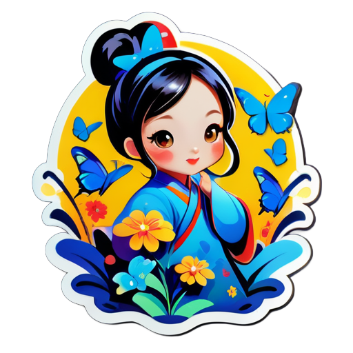 a very beautifue chinese girl, playing with butterflies sticker