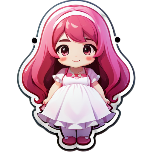 A cute little girl, SSBBW, anime, pink long hair, white dress,happy sticker