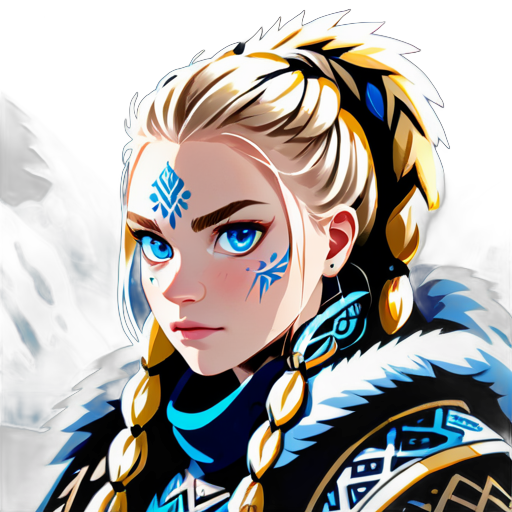 A fiercely proud Nordic girl stands, her presence exuding unwavering strength. Her blonde braids cascade down her back, framing a face marked by determination and resilience. This stunning portrait captures her piercing blue eyes, reflecting the icy landscapes of her homeland. The intricate details of her embroidered Viking armor and fur-lined cloak speak of her warrior spirit. This high-quality p sticker