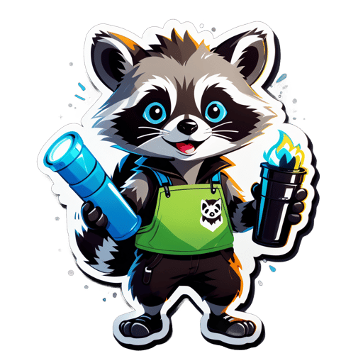 A raccoon with a flashlight in its left hand and a trash bag in its right hand sticker