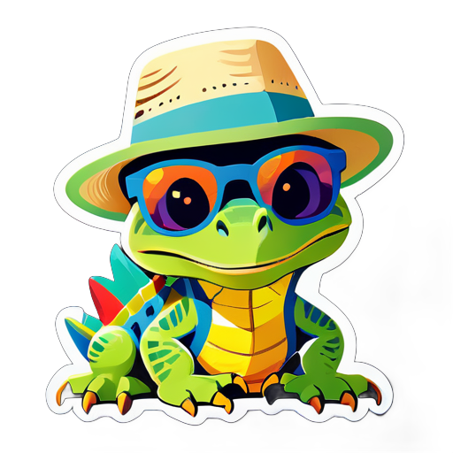 An iguana with a sun hat in its left hand and a pair of sunglasses in its right hand sticker