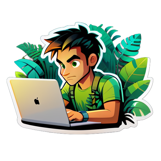 In the heart of a lush jungle, a wild programmer intently codes on a laptop, embodying a unique fusion of nature's untamed beauty and the digital world sticker