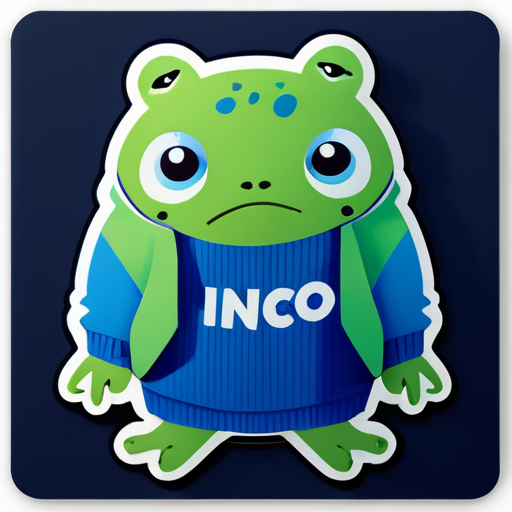 피곤한 표정의 녹색 개구리가 파란색 스웨터를 입고 'INCO'가 적힌 것을 입고 있습니다 sticker