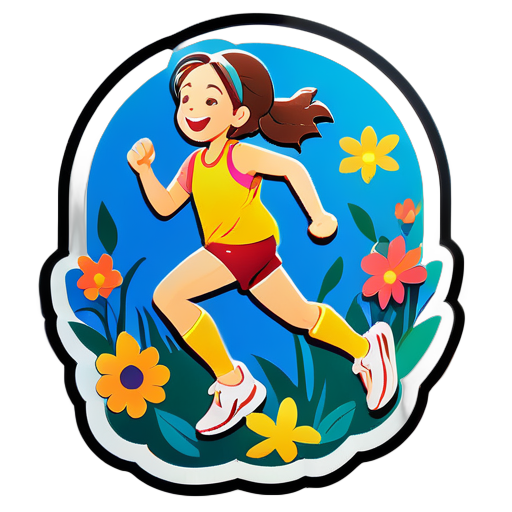 A happy girl running in the flowers sticker