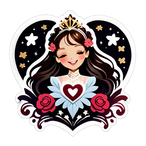 Smiling Sarah Brightman singing with her cat. Flowers and stars surround the heart. Exquisite details. sticker