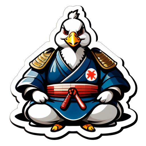 Style réaliste, une grande oie portant une armure de général japonais, médite, un œil cicatrisé fermé, assise en tailleur à la japonaise. Elle porte un katana à la taille. sticker