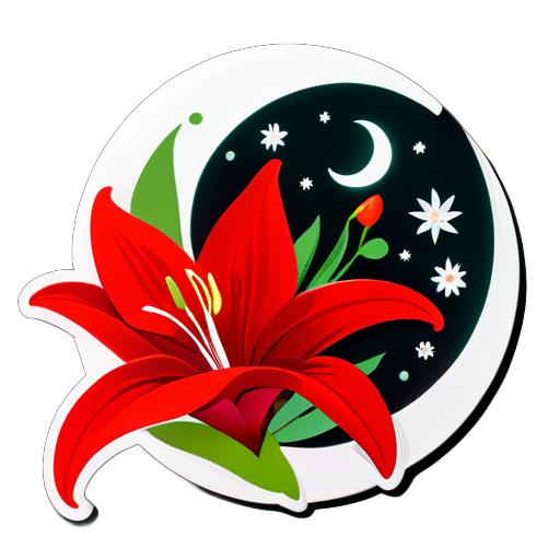 Flores de lirio rojo brillante y una luna nueva blanca sticker