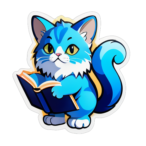  a cat-Gemini is depicted in blue tones, with fur resembling clouds. It stands on its hind legs and holds a book in its paws, symbolizing its intelligence. The sticker itself looks aggressive. sticker