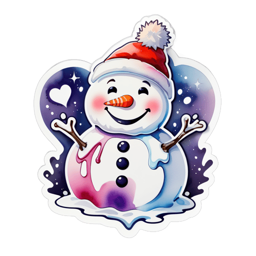 A watercolor painting of a snowman melting into a heart shape. sticker