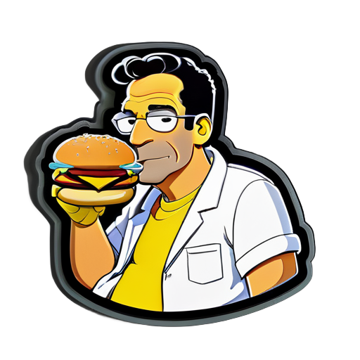 Frank Grimes from the simpsons eating a burger with a sexy look sticker