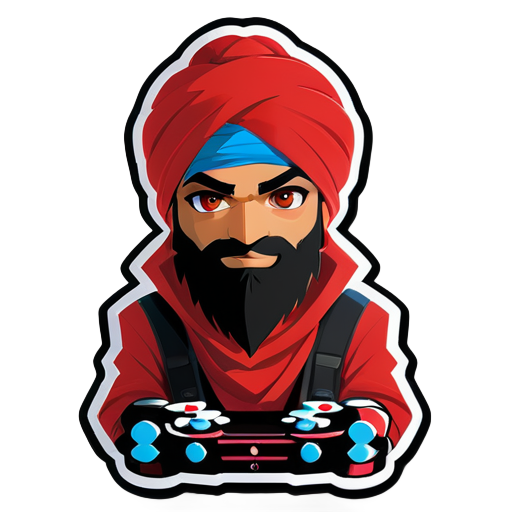 Sikh garçon ninja turban rouge de 25 ans avec une barbe noire soignée et des yeux noirs ressemblant à un ninja gamer sticker