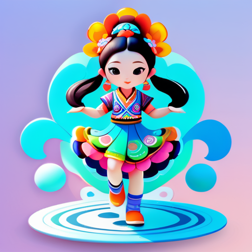 Full body, generating three views, the first front view, the second side view, the third back view, Design of a girl clothing with Miao ethnic style elements, dancing, bubble mat style, clean and simple design, IP image, advanced natural color matching, bright and harmonious, cute and colorful, detailed character design, beauty, organic sculpture, C4D style, 3D animation style character design sticker