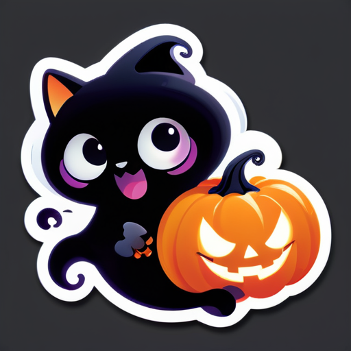 Create a cute Halloween sticker design featuring a friendly ghost playfully holding or interacting with a black cat. The ghost should be smiling and have a whimsical appearance, while the black cat looks curious and playful. Use a colorful, fun style with Halloween-themed elements like pumpkins or bats in the background. sticker