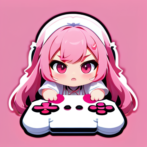 A cute little girl, SSBBW, anime, pink long hair, white dress, playing video game, PC, pink eyes sticker