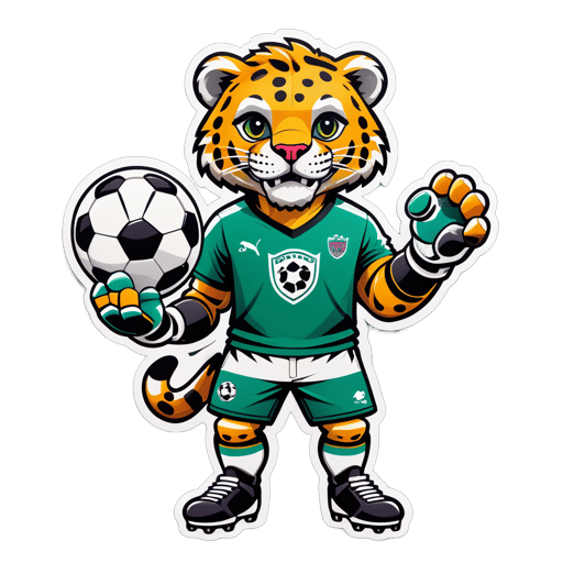 A jaguar with a soccer ball in its left hand and a goalie glove in its right hand sticker