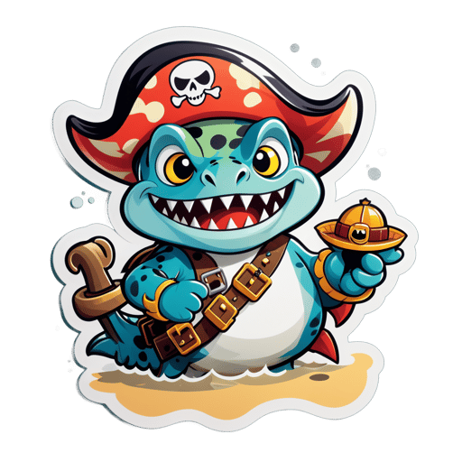 A piranha with a pirate hat in its left hand and a treasure map in its right hand sticker