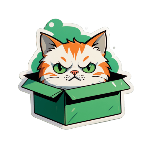 Chat triste dans une boîte : Petit, abattu dans une boîte en carton, yeux verts mélancoliques. sticker