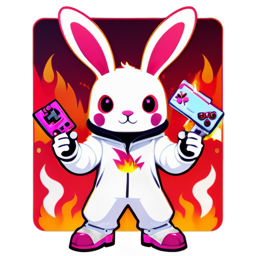 A stylized bunny character in a white bunny suit, complete with long ears, stands confidently against a backdrop of flames and gaming elements. With one hand holding a gaming controller and the other gesturing thumbs up, the character exudes energy and excitement. Predominantly white with pink accents, the logo captures the playful spirit of the Free Fire bunny bundle while incorporating fiery red sticker