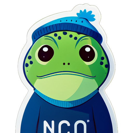 Ein grüner Frosch mit erschöpftem Gesicht und blauem Pullover, auf dem "INCO" steht sticker