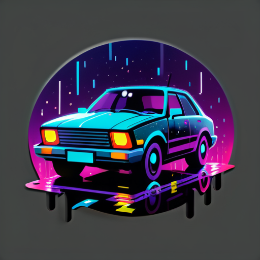 une voiture sous la pluie la nuit avec des lumières de type cyberpunk sticker