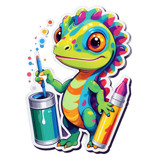 A chameleon with a paint tube in its left hand and a canvas in its right hand sticker