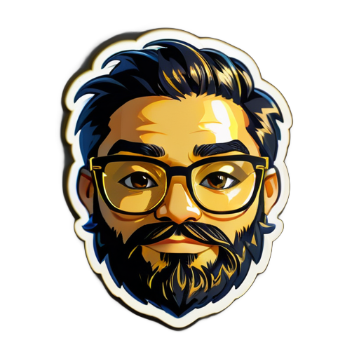 Crear un sticker para un hombre negro con gafas doradas que sea programador, tenga una barba sin afeitar y no mucho cabello. sticker