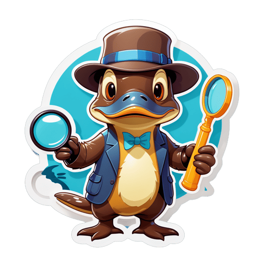 A platypus with a detective hat in its left hand and a magnifying glass in its right hand sticker