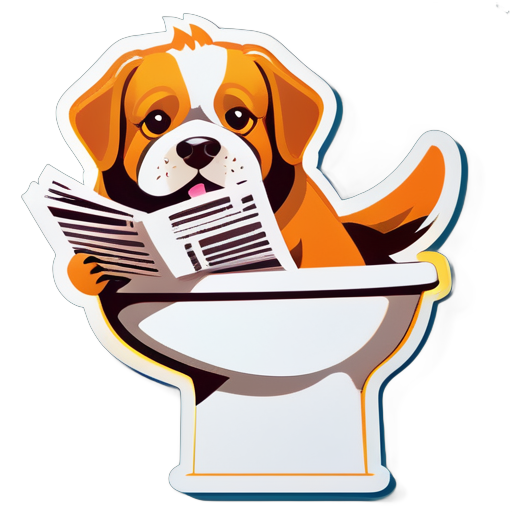 A dog sitting on the toilet reading the newspaper sticker