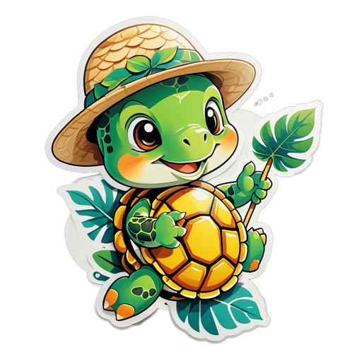 A turtle with a leaf in its left hand and a straw hat in its right hand sticker